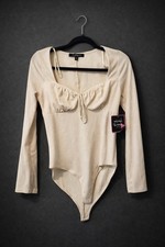 Mixed Threads Beige Long Sleeve Bodysuit Women's Size XL Solid Opaque Drawstring