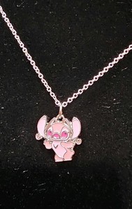 Disney Lilo & Stitch Stitch Pink Enamel Pendant Necklace Silver Tone Chain