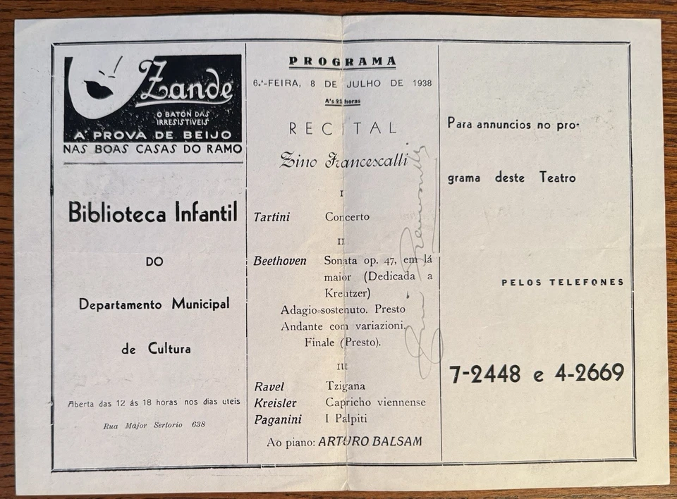 Zino Francescatti Autographed Program, San Paolo Brazil, French violinist - Image 2 of 4