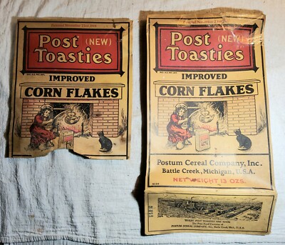 2 ANTIQUE BOX SIDES FROM PATENT NOVEMBER 23, 1915 POST TOASTIES CORN FLAKES BOX