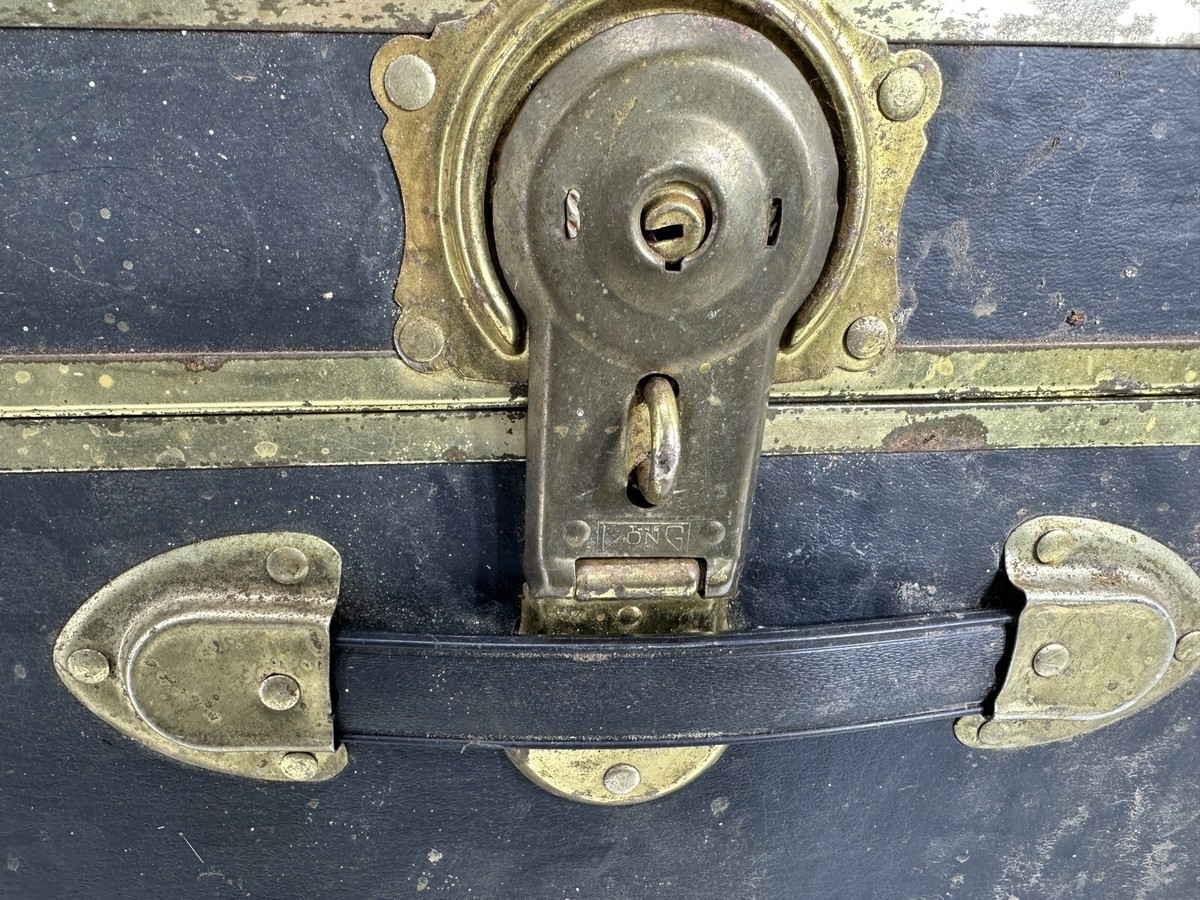 Vtg Classic Footlocker Trunk No Key Rectangle Shape Black W/ Brass