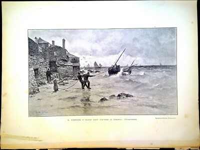 Press Engraving - Great October Tide in Cornwall (England) E.VERNIER