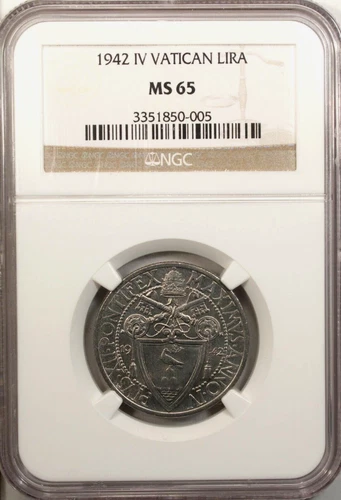 Vatican  Lira 1942 IV  NGC MS 65 UNC Stainless Steel  High Grade Pope Pius XII