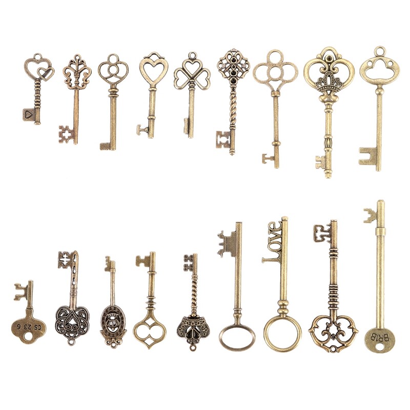 3x (Set of 18 Antique Vintage Old Look Bronze Skeleton Key Bow