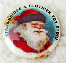 Vintage Strawbridge & Clothier Toy Store Christmas Old Fashion Santa Metal Pin