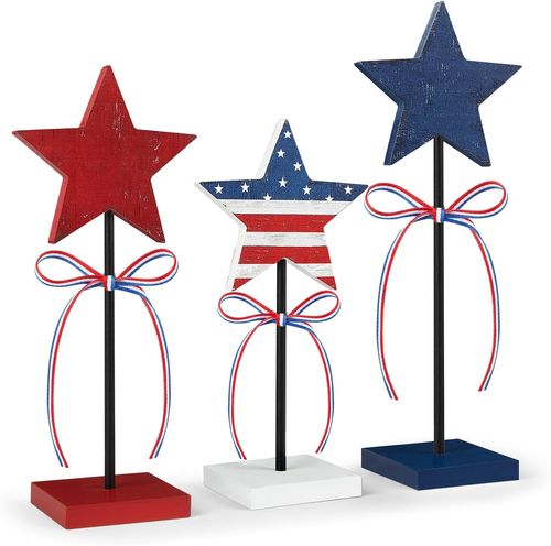 4Th of July Tiered Tray Decor Wooden Star Set, 3 Pcs Memorial Day Table Decorati