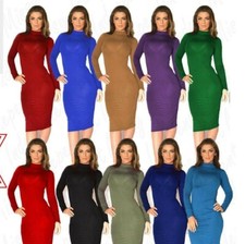 Womens Polo Turtle Neck Long Sleeve Plain Stretch Bodycon Ladies Midi Dress