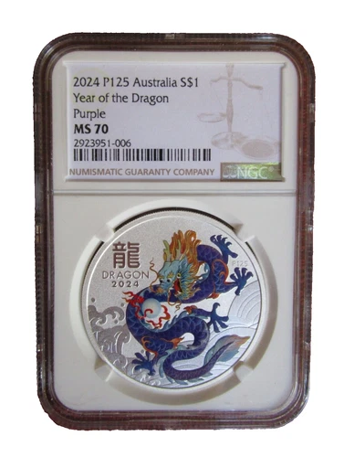 2024 Australia Silver Lunar Year of the Dragon NGC MS70 1oz $1 Coin P125 PURPLE