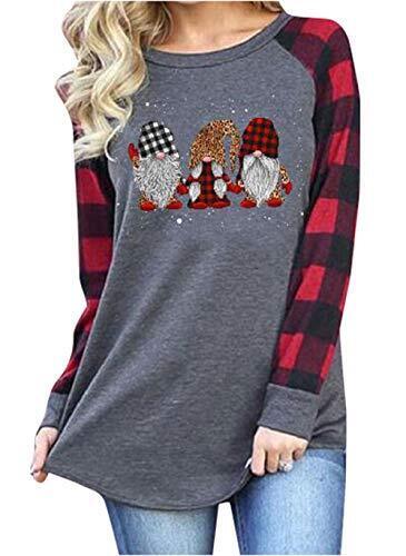 Women Merry Christmas Shirt Leopard Print Plaid Christmas Tree T Large Gray - Foto 1 di 2