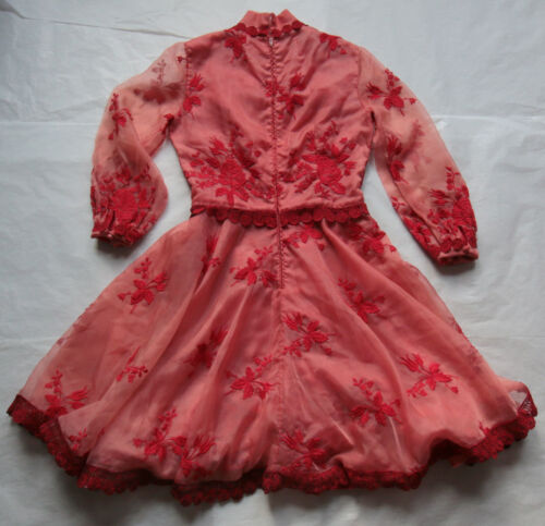 Vintage Red Prom Dress Small  XS - Approx 6 - Embroidered Chiffon - Foto 1 di 24
