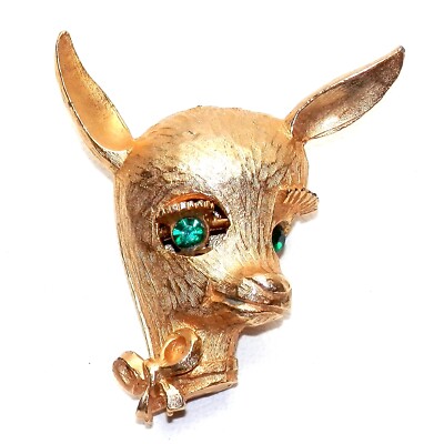 ROYAL JLRY Baby Deer Bambi Brooch Signed Gold Tone Vintage Pin Green Rhinestone