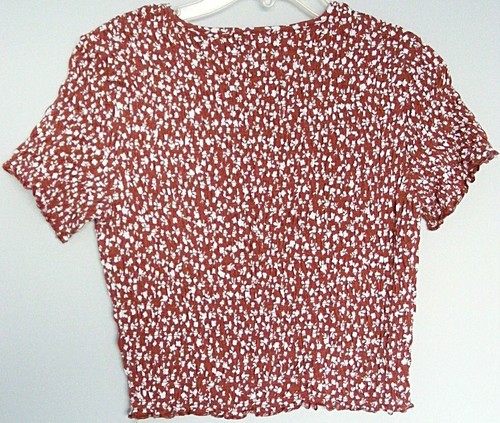 SPORTSGIRL ruched CROP TOP Rust Orange & White s/sleeve Stretch fit Tee~ Women L - Picture 4 of 4