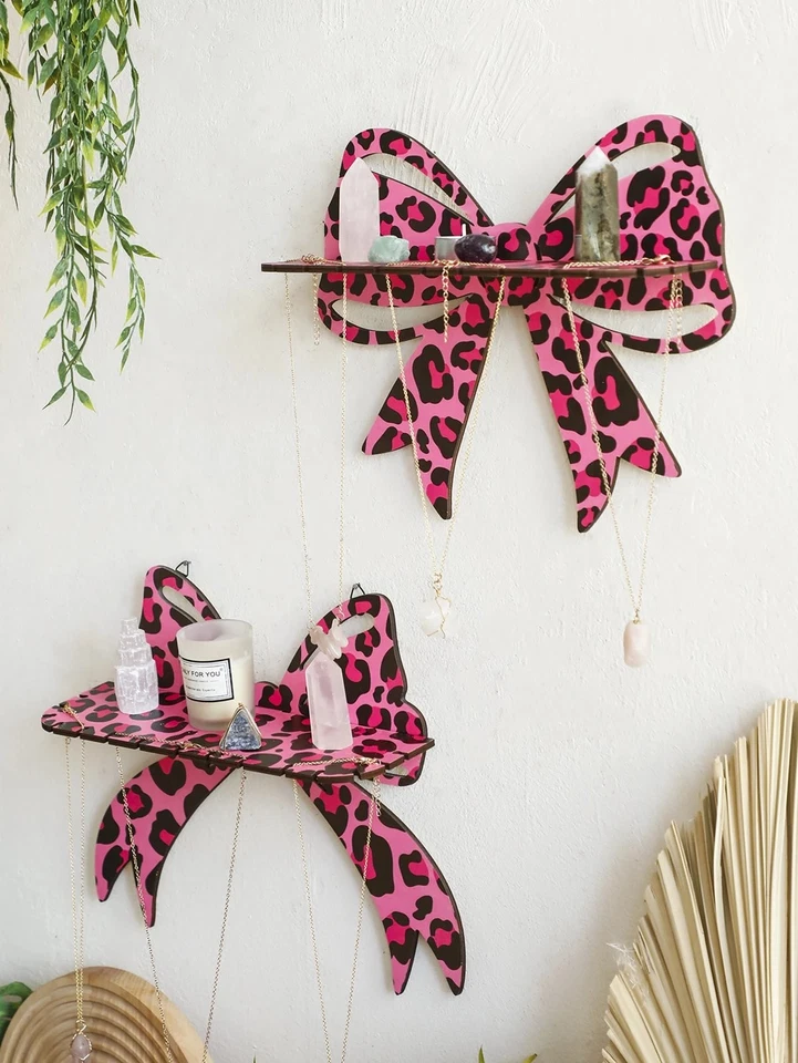 Pink Bow Leopard Floating Wall Shelf Girls Room Decoration Storage Rack - Image 2 of 4