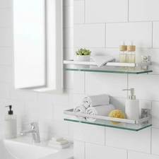 Sanbege 2-Pack Tempered Glass Bathroom Shelf with Rail, 15" X 4.5" Rectangular S