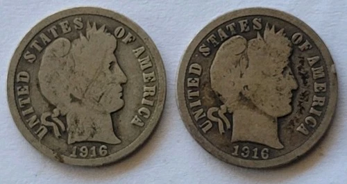 Lot Of Two 1916 Silver Barber Dimes