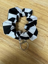 Wristlet Key Fob Scrunchies Black  White Check Keychain Wrist Lanyard Keyring