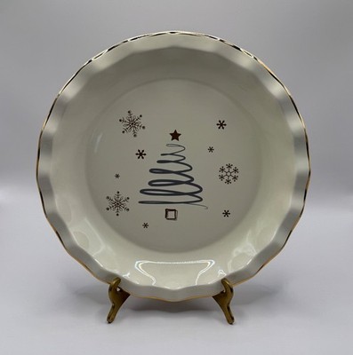 Vintage Russ Berrie Christmas Pie Plate White Gold Rim Tree Snowflakes Stars
