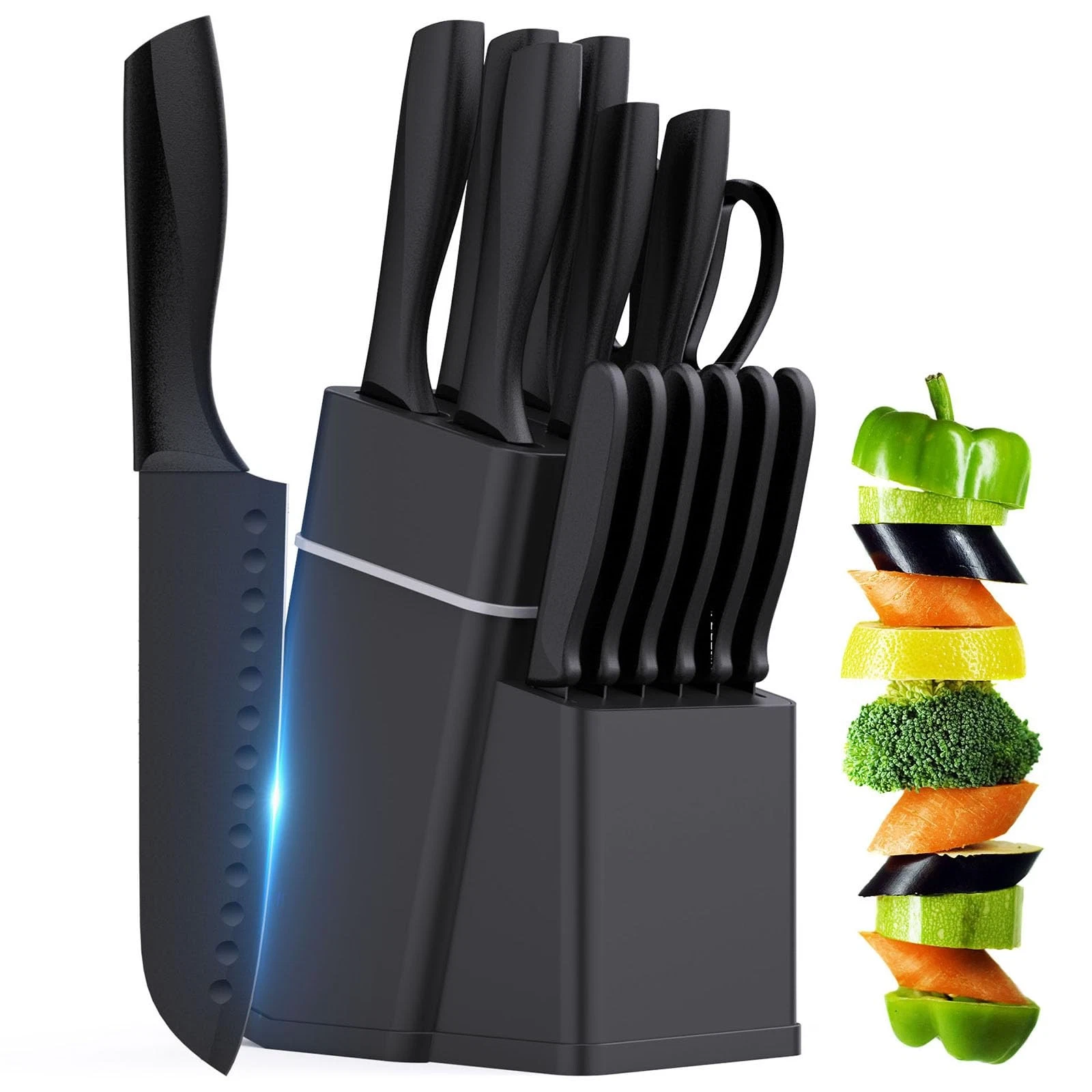 Kitchen Set with Block - 15 Pieces Sets with Built-in Sharpener, Dishwasher S...
