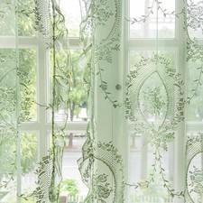 Green Lace Curtains 84 Inches Long 2 Panels,Boho Sheer Florals Scallop Ruffle  