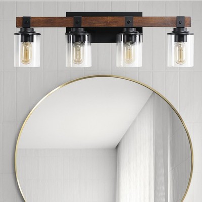 27 In Wood LED Wall Sconce Vanity Light 4 Lights Clear Glass Farmhouse Bathroom