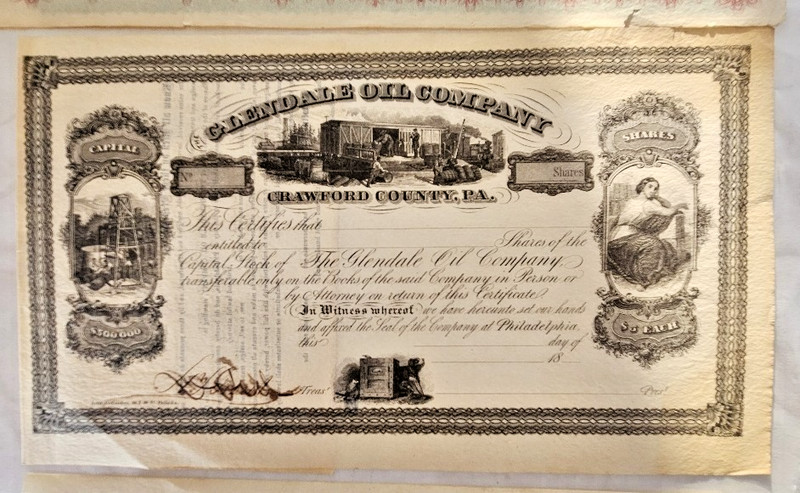 1880's GLENDALE OIL COMPANY STOCK CERTIFICATE - CRAWFORD COUNTY, PA  - UNISSUED