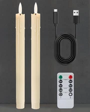9.6" Rechargeable Flameless Taper Candles Flickering with Remote Timer, Ivory...