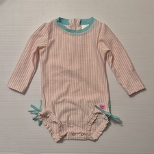 Rufflebutts Babygirl Long Sleeve Swim 12-18 Mon Pink/ Wht Striped Stretch EUC