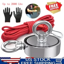 2000 LBS Strong Fishing Magnet Kit Double-Sided Pull Force and Rope Carabiner US