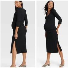 THE NINES by HATCH Black Ribbed Scoop Neck Midi Maternity Dress | XS