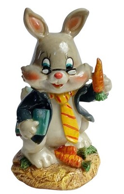 Vintage Rabbit Figurine Polyresin 5'' Gray Cheerful Bunny