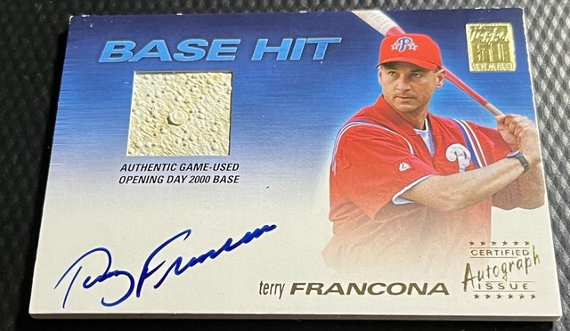 2001 Terry Francona Phillies Topps 50th Base Hit Opening Day 00 Auto Relic #BH19