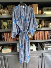 Vintage Marukyo Kyoto Tokyo Belted Kimono Robe Blue Floral Print Floor Length