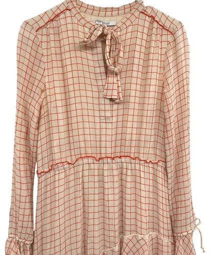 Derek Lam 10 Crosby 4 Tiered Windowpane Silk Dress Neck TIe Cream Orange Red - Picture 6 of 15
