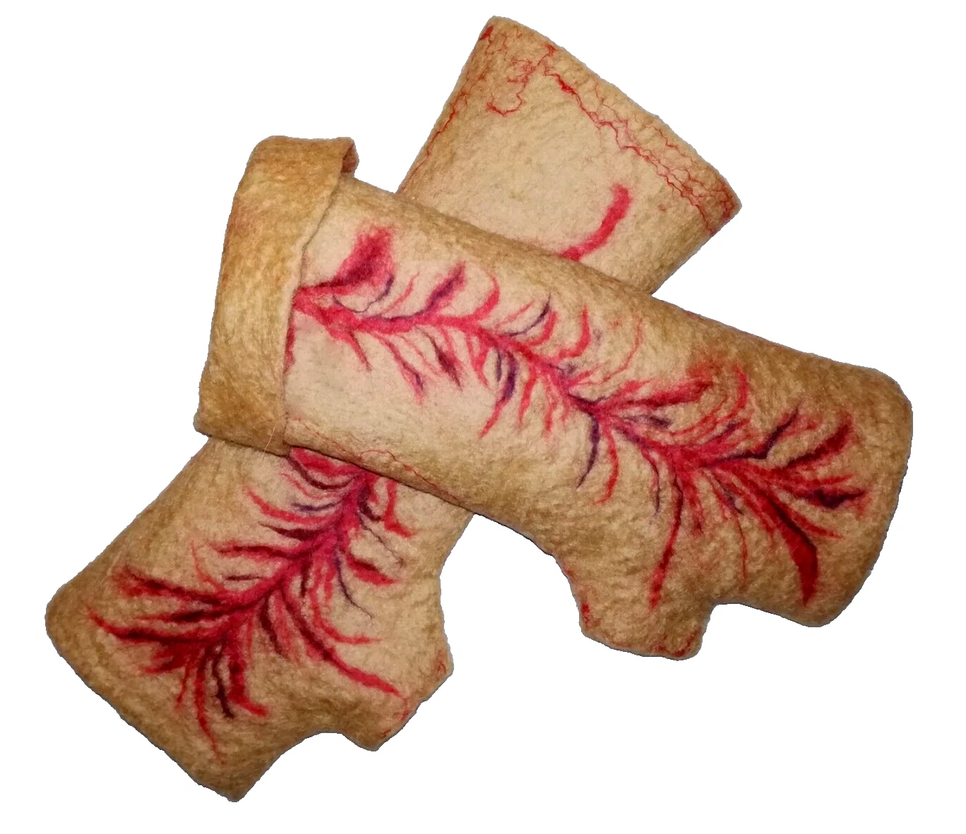 Beige and Red Felted Fingerless Gloves, Merino Mittens, Wool Gauntlets