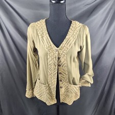 Papillon Boho Wood Buttons Olive Green Lightweight Trimmed Jacket Size S (jj-01)