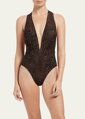 JETS AUSTRALIA Pantera Animal Print Plunge Loop Back One Piece Swimsuit US 4 NWT