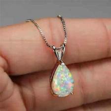 Rainbow Fire Opal Teardrop Pendant Delicate Silver Necklace Woman Healing Gift