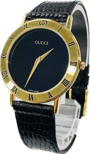 Gucci 3000.2.M Swiss Made Black Dial Quartz Mens Watch 33mm Excellent A432 - Afbeelding 1 van 10