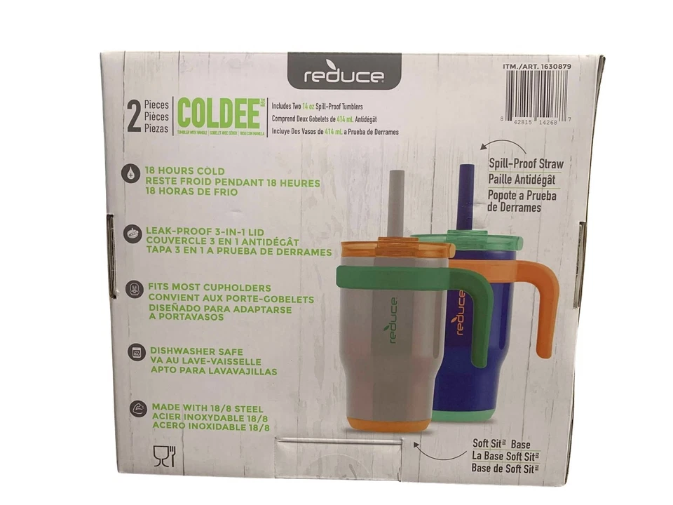 Vaso a prueba de derrames Reduce Coldee Kids 2Pk 14oz cada uno 3 en 1 tapa 18 horas frío Foto 2 de 4