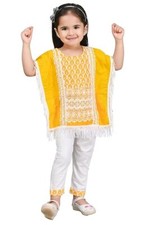 Indian Kids Cotton Casual Embroidered Kaftan Kurta with Pant Set for Girls