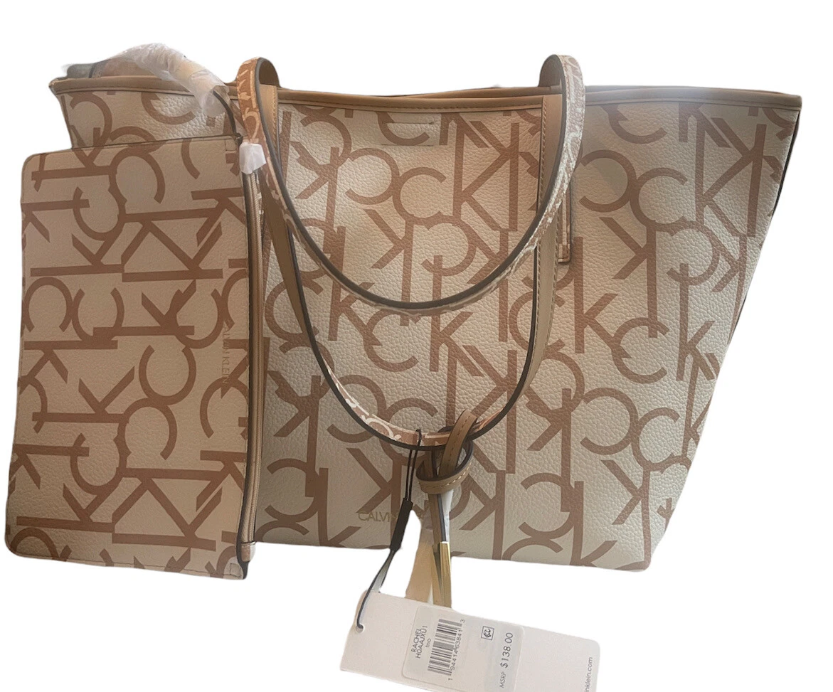 Calvin Klein Tan Monogram Logo Tote Bag Zip Pouch Rachel