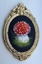 Original Oil Painting Landscape Fly Agaric Mushroom Signed Mini Wall Art 4x3 in