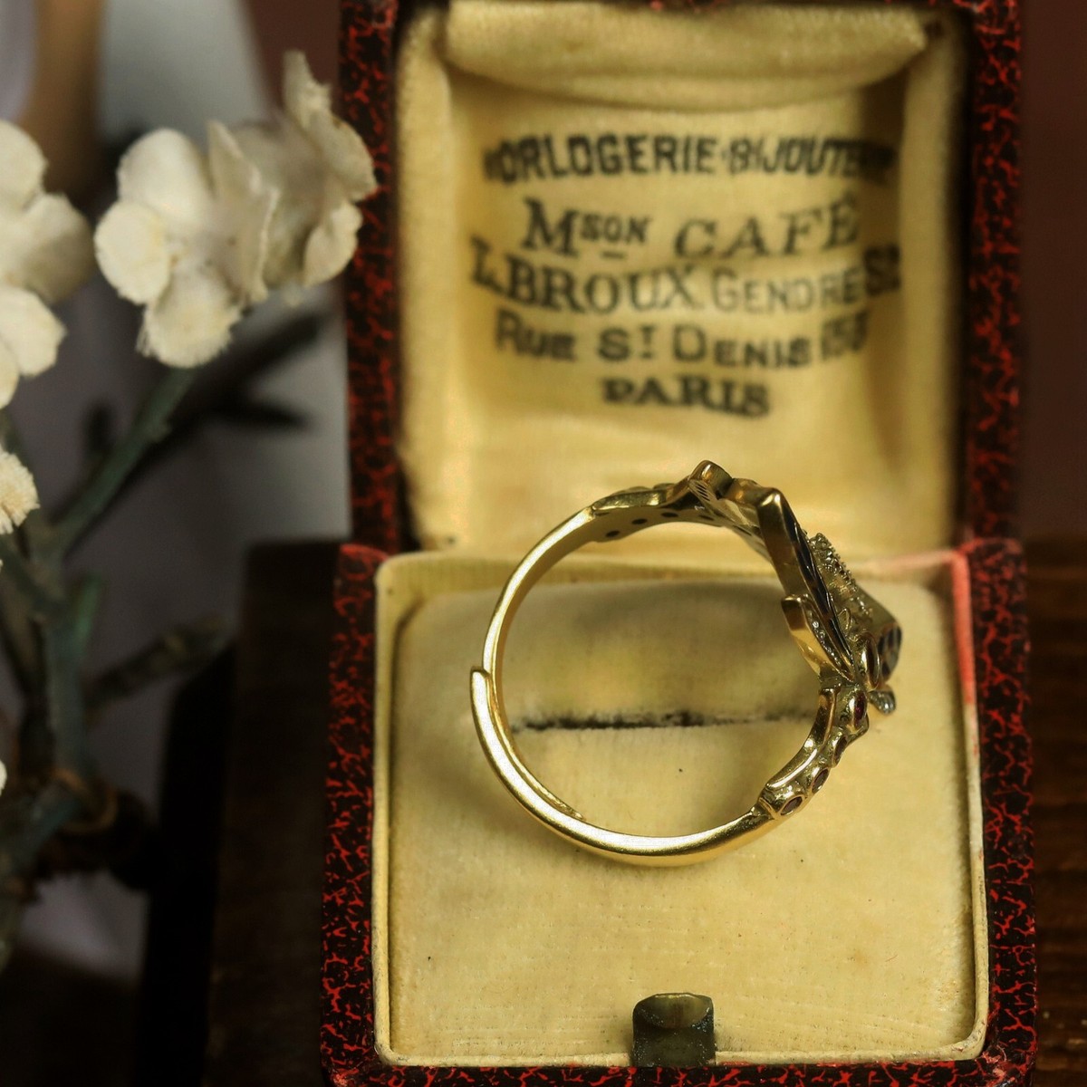 Bague Art Nouveau Libellule émail Bleu CZ Rouge Blanc - Doré Antique Réglable - Neuf Sans Boîte
