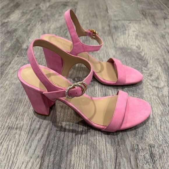 Stuart Weitzman pink suede Crystal Buckle 75 Block Heel Sandals