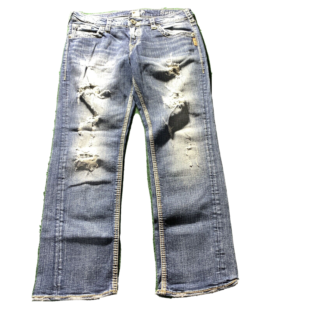 Silver Jeans Women 29 28 Sam Mid Rise Dark Wash Blue Denim Stretch  Distressed