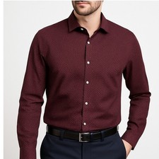 Michael Kors Mens Dress Shirt 16 34/35 Maroon Slim Fit Geometric Print Long Slee