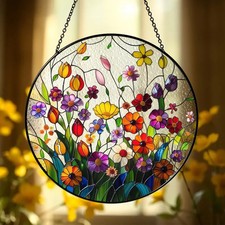 Wildflowers Stained Glass Style Suncatcher, Handmade Botanical Window Decor