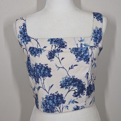 Fancy D Boutique Blue Floral Crop Top Smocked L Fairy Festival Boho Preppy
