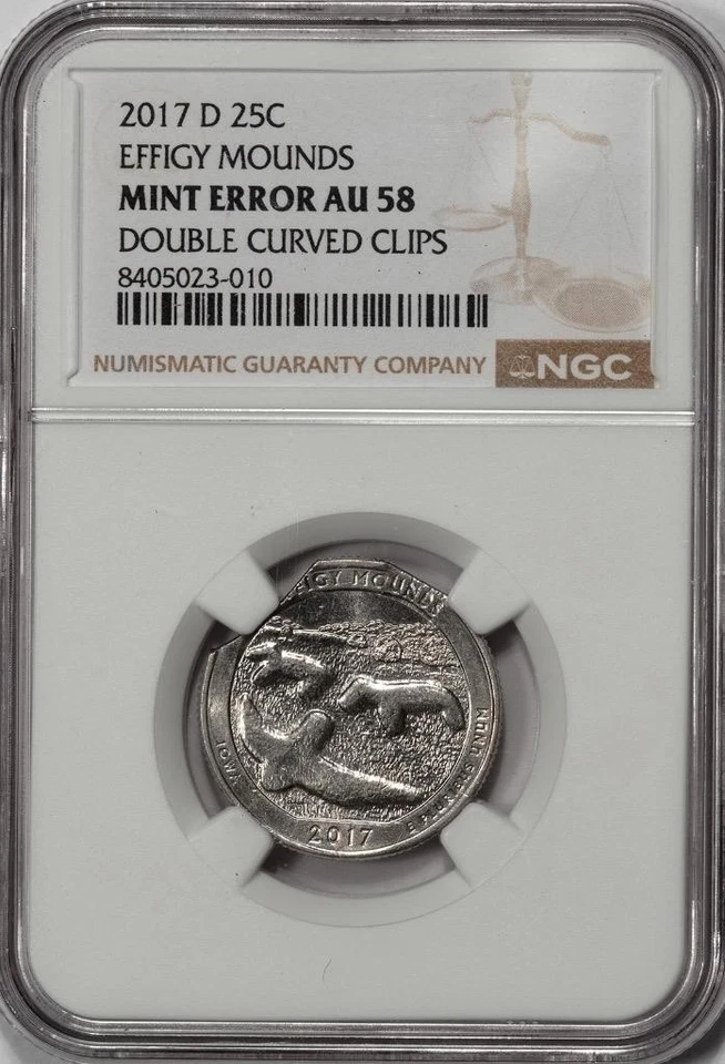 2017 D NGC AU58 Double Curved Clips Effigy Mounds Quarter Mint Error Super Rare - Image 3 of 4