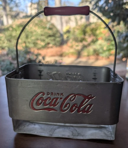 VINTAGE Aluminum Coca-Cola Tote, 50s/60s 6 Pack Carrier, Red Wooden Dowel Handle
